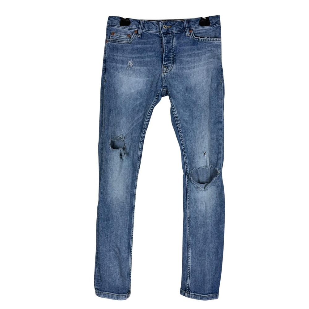 Topman‎ Jeans Mens 30x29 Blue Medium Wash Slim Skinny Distressed Stretch Denim